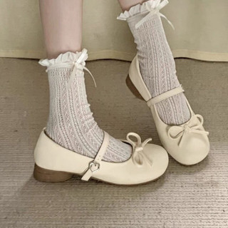 (Sẵn- Lùi 1size) Giày Mary Jane Nơ Trắng Kem Cao ~4cm