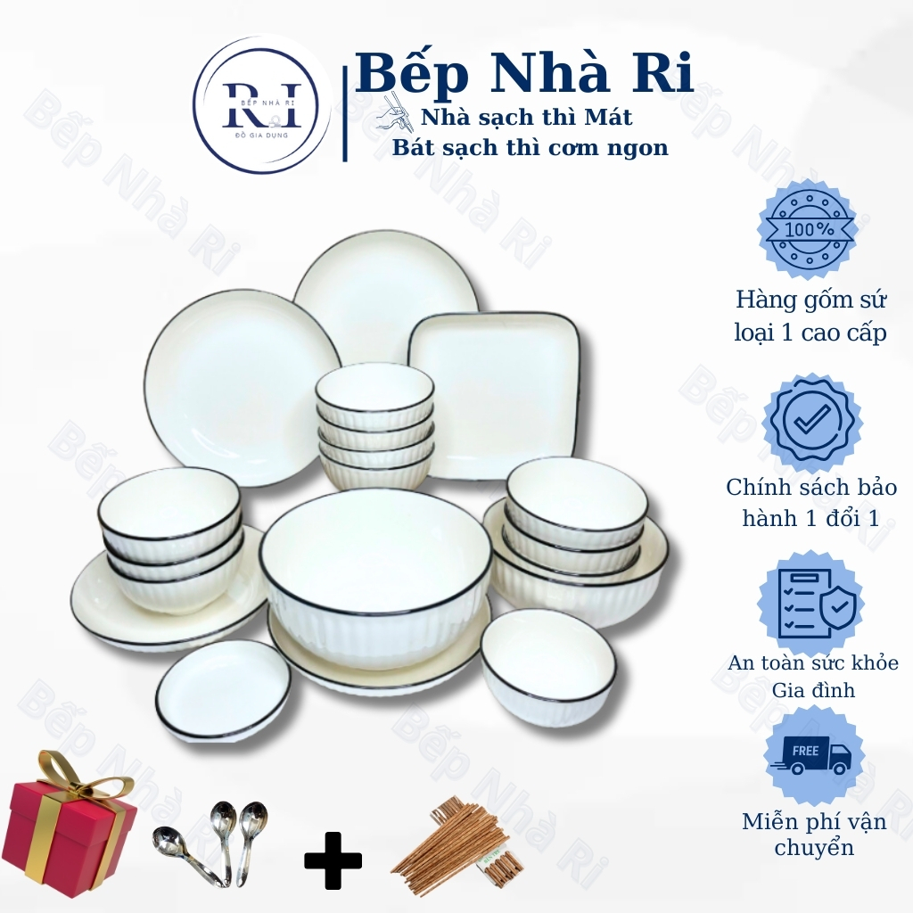 Bộ Bát Đĩa 21 sản phẩm màu trắng viền đen cao cấp sang trọng - Gốm sứ loại 1 chịu nhiệt cao -DECOR trang trí BẾP NHÀ RI