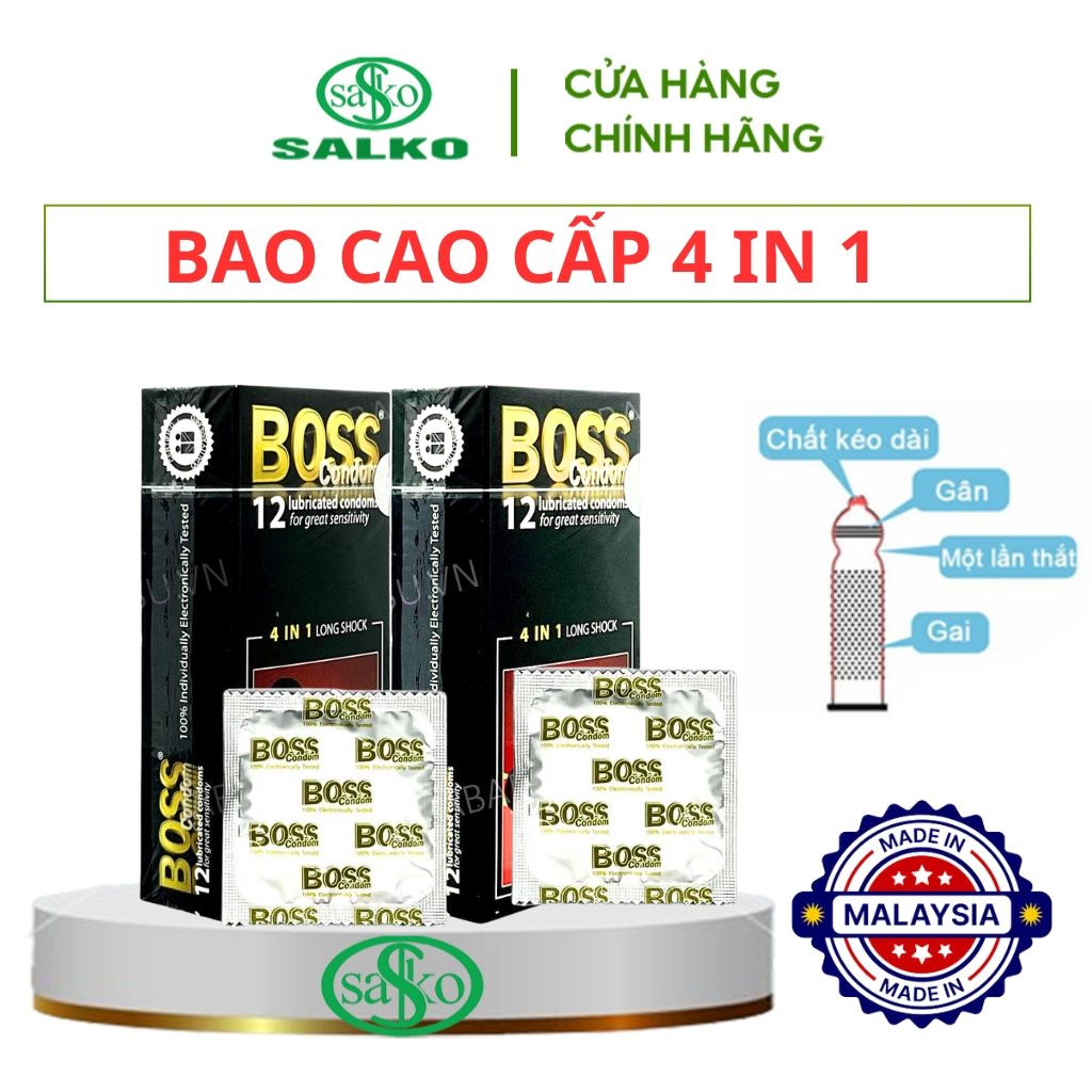 Bao cao su cao cấp BOSS 4 IN 1 (Chính hãng Malaysia) Bcs Gân Gai, Kéo dài quan hệ. Hộp 12 cái