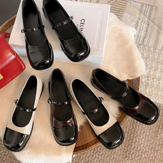  Giày búp bê nữ Mũi Vuông vá Đen quai cài chất da mềm 