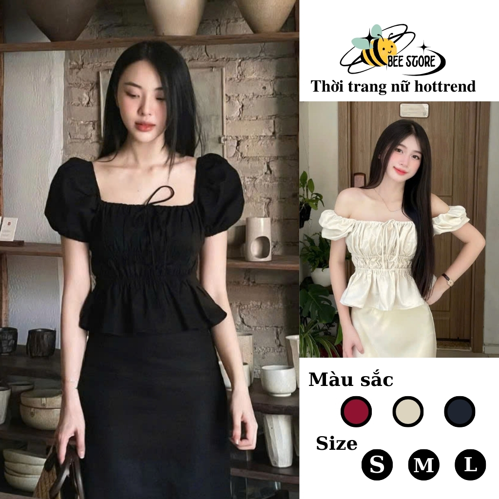 Áo kiểu nữ cổ vuông tay bồng nhún bèo bo chun, Áo babydoll Linen tay phồng trễ vai phong cách tiểu thư Bee Store