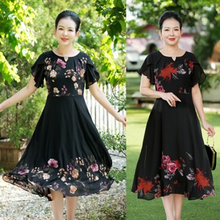 GOTI - Đầm Xòe Dáng Dài Quý Bà Kiều Đầm Xòe Trung Niên Size Lớn In Hoa Có Size Cho Người Mập 3339