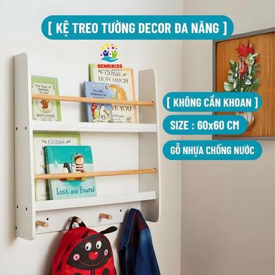 Kệ Sách Treo Tường Màu Trắng Có Móc Treo Không Cần Khoan Trang Trí Decor Phòng Cho Bé