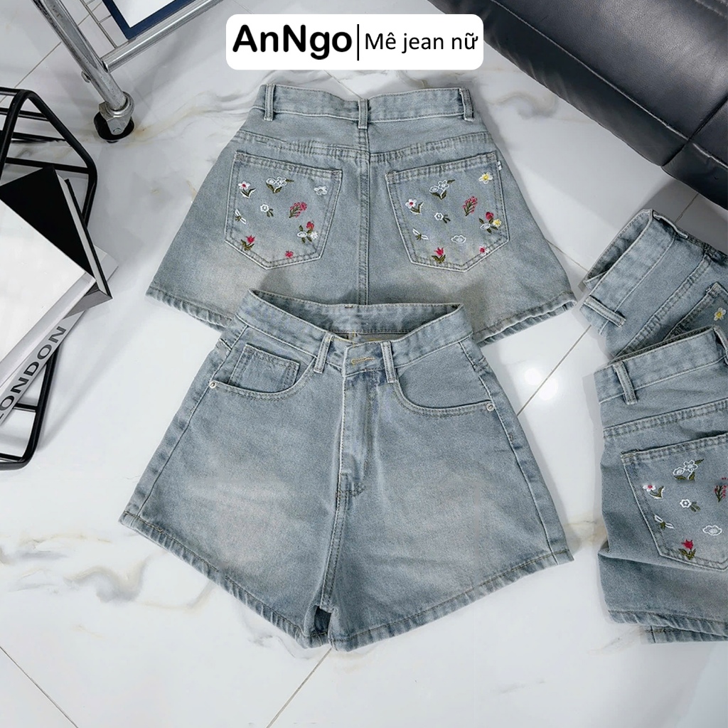 Quần short jean nữ lưng cao chất denim không co giãn thêu hoa túi sau Anngo - AT494