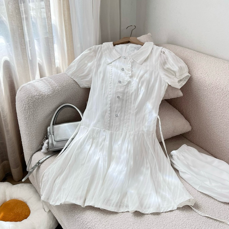 Váy sơ mi nữ đũi thô dáng xòe xếp ly tặng kèm quần phong cách basic 24Febstudio VN75 | BigBuy360 - bigbuy360.vn