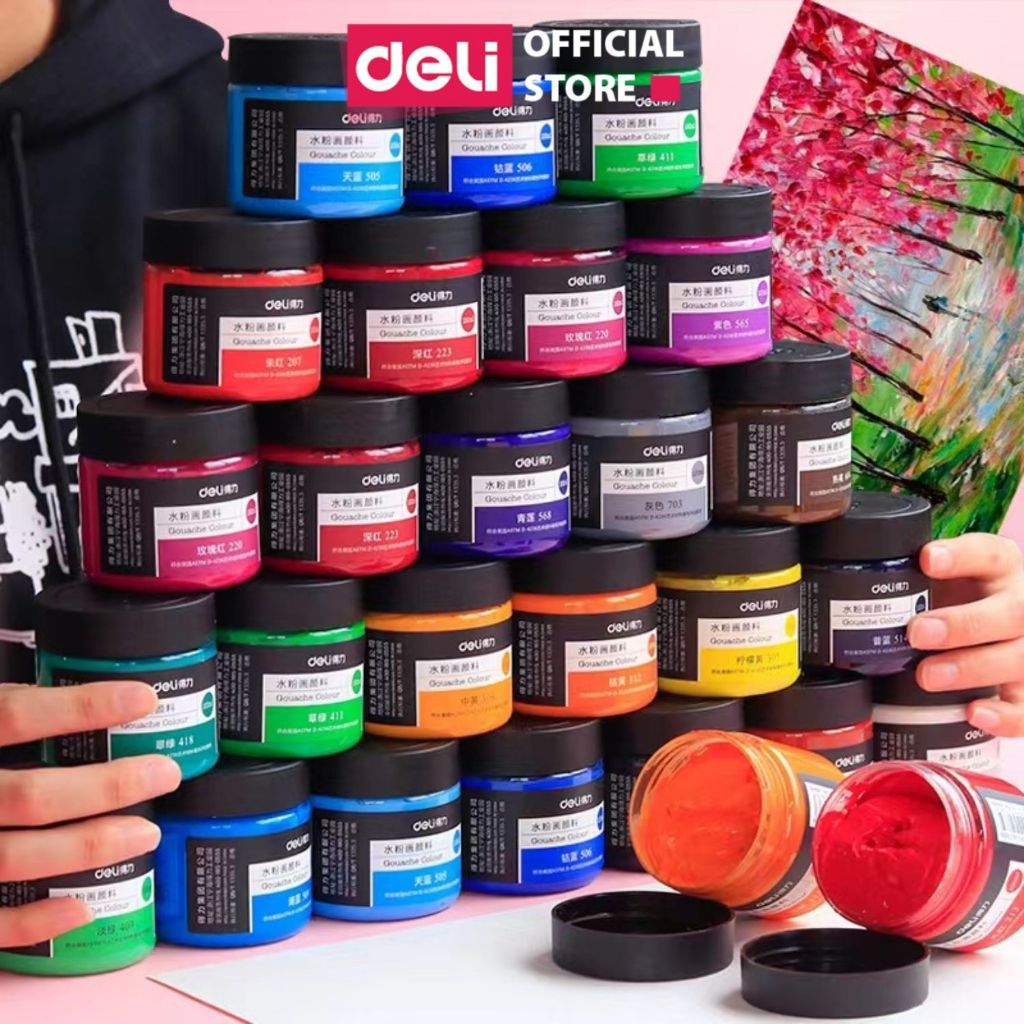 [MÃ 40% LIVE] Màu nước Gouache dạng hũ 100ml Deli - Chất siêu mịn, dễ dàng trộn, thiết kế thời trang lọ pha sẵn