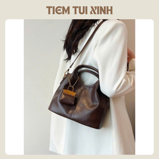 Túi xách da cầm tay đa năng cổ điển, kèm móc khóa xinh và kèm túi nhỏ bên trong dễ phối đồ đi học đi làm - T10