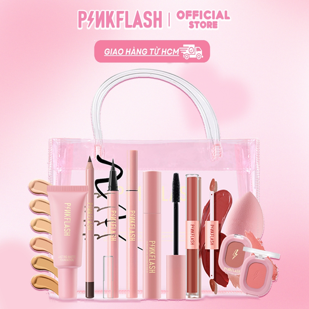 Trọn bộ set 8 món trang điểm cơ bản PINKFLASH màu kem nền tự nhiên và lâu trôi