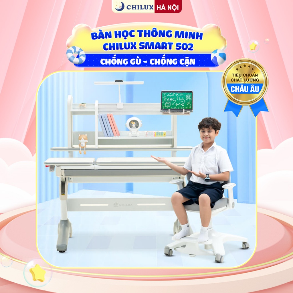 Bàn học thông minh nâng hạ bằng Piston Chilux Smart E, chống gù, chống cận, tạo tư thế ngồi khoa học