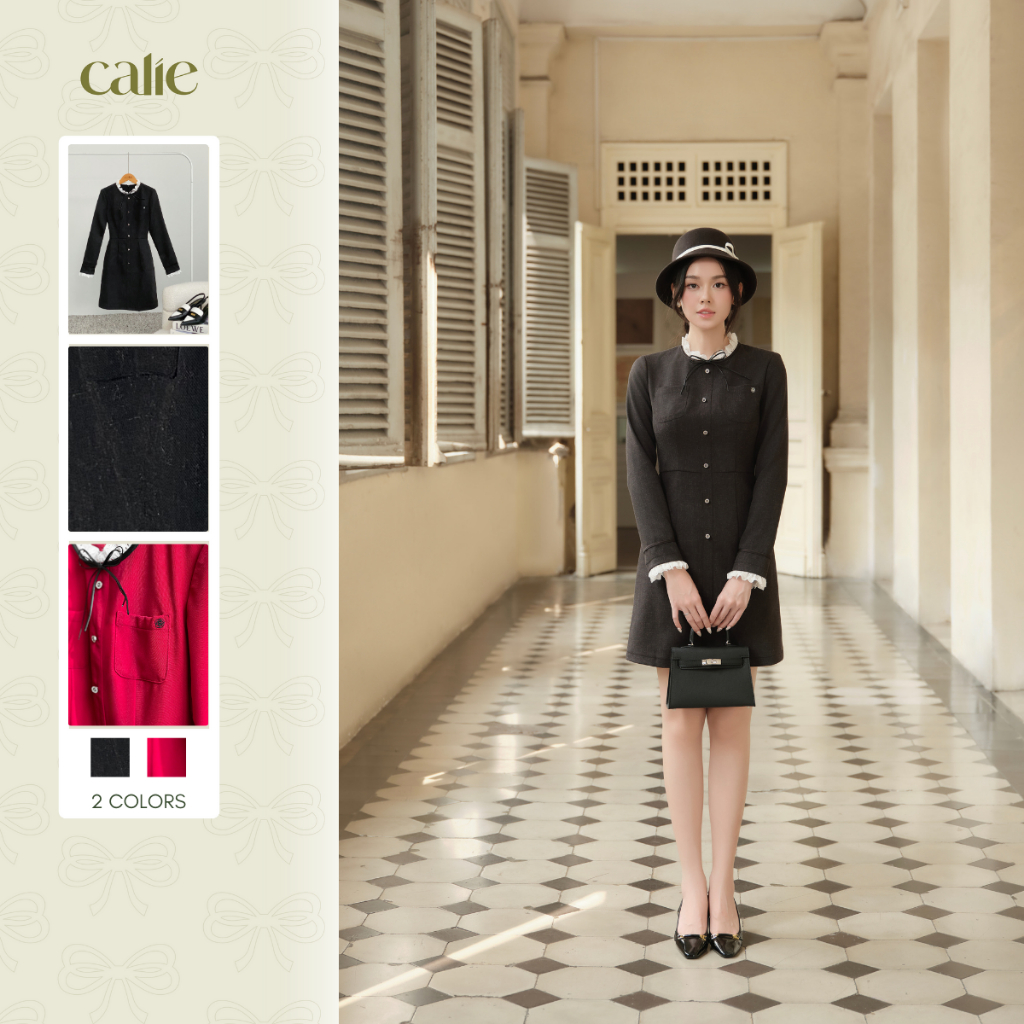 Đầm liền dáng A phối ren đính nơ thương hiệu Calie house VA444