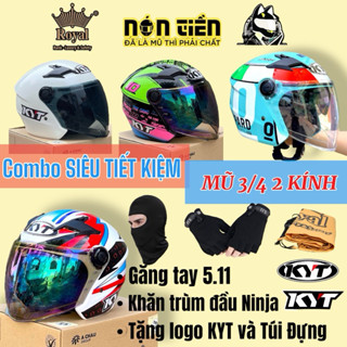 COMBO ĐI PHƯỢT SIÊU TIẾT KIỆM 5in1 Mũ 3/4 2 Kính Royal M268 lên logo KYT, Khăn trùm đầu Ninja, Găng tay 5.11 và túi đựng