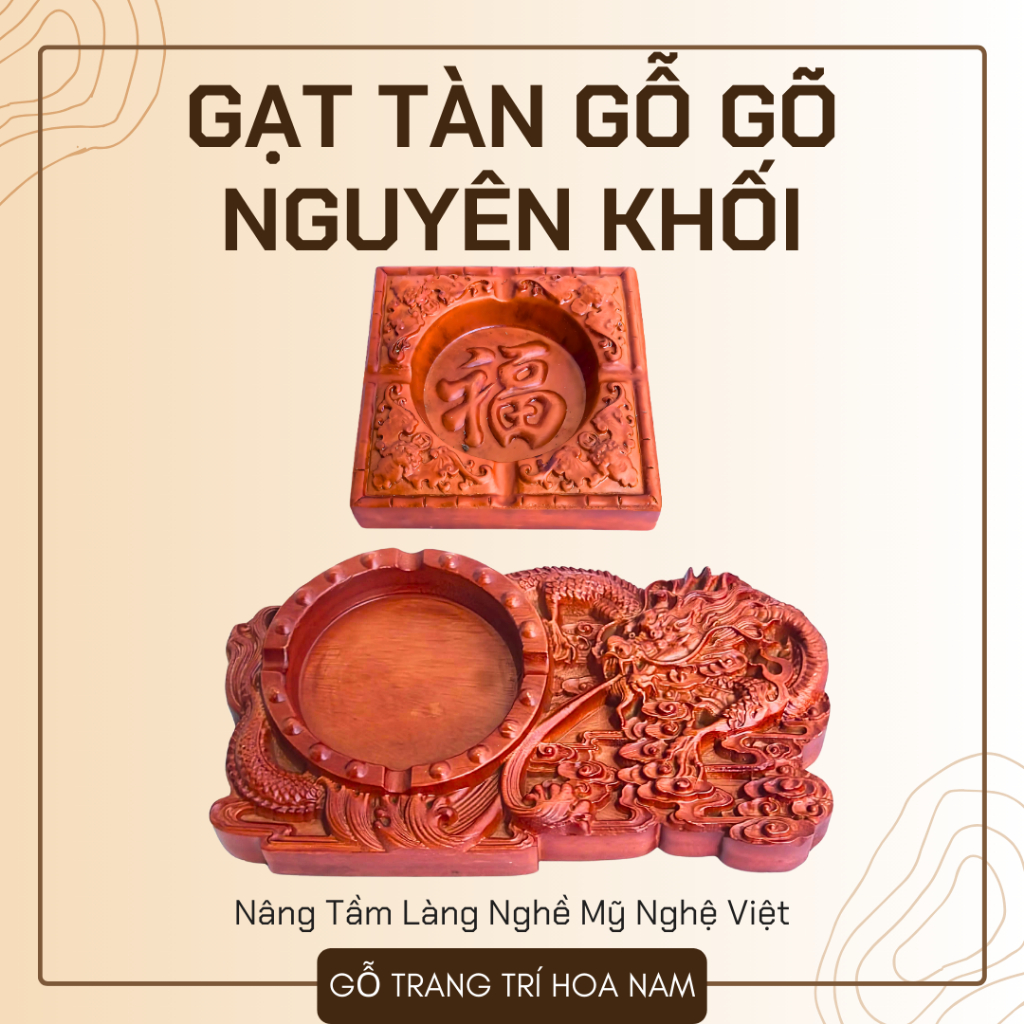 Gạt tàn thuốc - Gạt tàn thuốc gỗ Gõ nguyên khối cao cấp - Gạt tàn gỗ chạm khắc hình Rồng - Gỗ Hoa Na