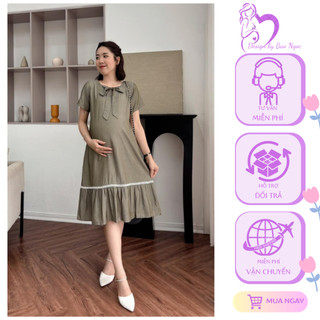 váy Đuôi cá phối ren màu xám rêu nơ cổ, chất vải mềm mát, có túi 2 bên-TH08