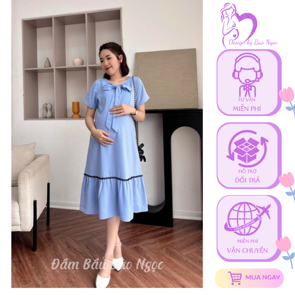 Đầm bầu thiết kế cổ nơ form đuôi cá phối ren, chất mềm mát,túi 2 bên-TH08