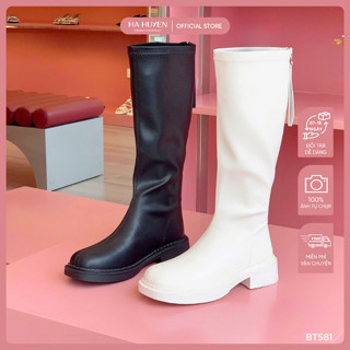 Giày boot nữ, boot đùi HÀ HUYỀN lì mũi tròn đế bệt 3cm - BT581
