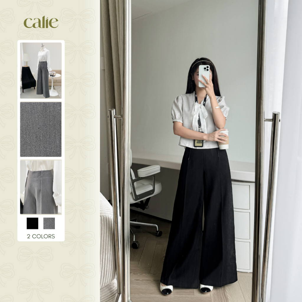 Quần suông nữ CALIE cạp liền trần chỉ phối Áo phông mongtoghi cổ tròn thêu chữ Calie- AF145 QX041