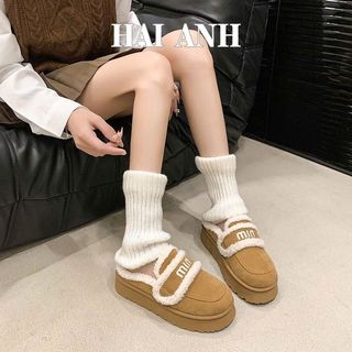  Sục Nữ Da Lộn MinMin Dép Thu Đông 2024 Mới Lót Lông Cừu Đế Dày Lông Tơ Giày Cotton Mặc Bên Ngoài - HẢI ANH SHOES 