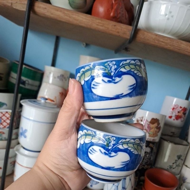 Tô chén dĩa củ cải mập xanh lam gốm nhật P1