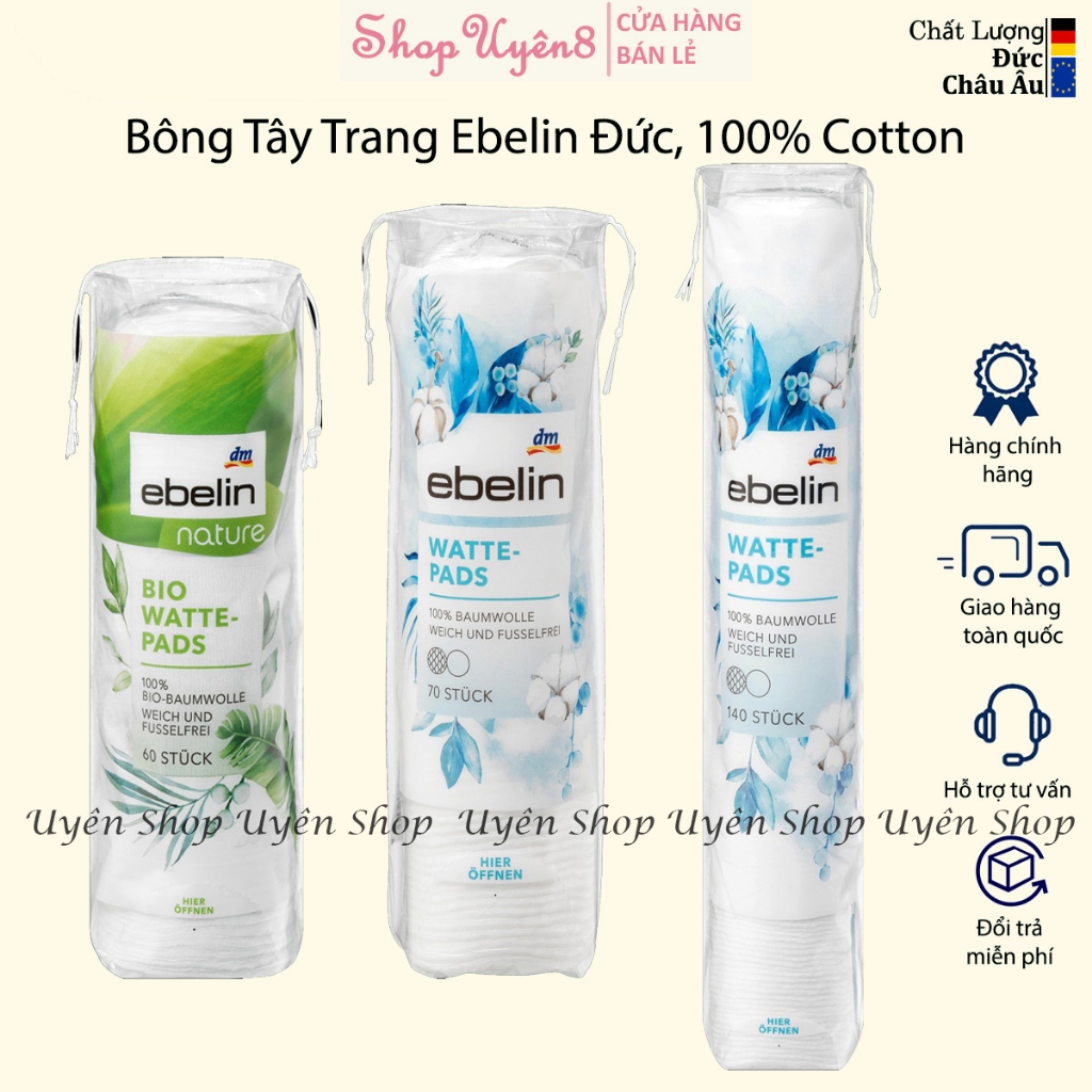 Bông Tẩy Trang Ebelin HÀNG ĐỨC Bio 60 miếng, Ebelin 140 Miếng, 70 Miếng, 100% cotton, Mịn Mềm