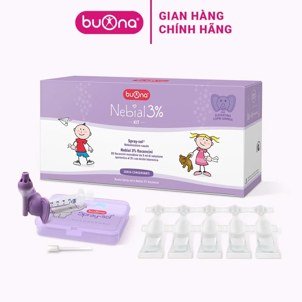 Buona Nebial 3% KIT - Bộ Rửa Mũi, Xịt Xông Làm Sạch Khoang Mũi Toàn Diện, Kèm 20 Ống Nebial 3% 5ml