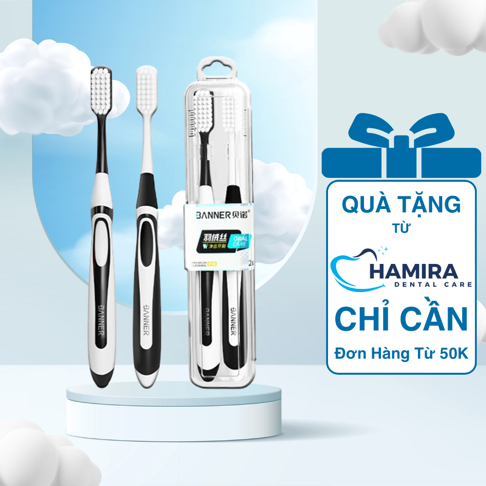 Bộ 2 bàn chải đánh răng HAMIRA thiết kế tay cầm công thái học siêu dễ chịu, lông siêu mỏng, mềm mại bảo vệ nướu răng
