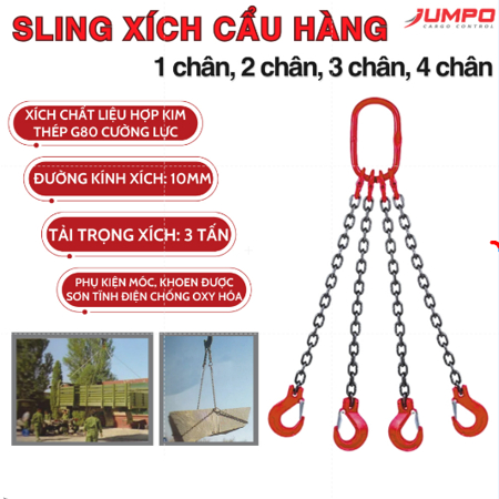 Sling xích 10mm G80 cẩu hàng 3.2 tấn 1 chân, 2 chân, 3 chân, 4 chân - Xích hợp kim thép G80 nâng hạ
