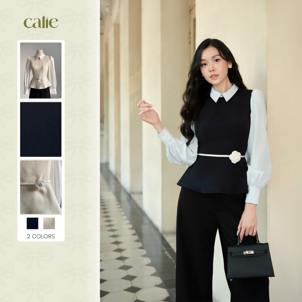 Áo peplum cổ phối đai eo hoa trà thương hiệu Calie house PL065 QX020