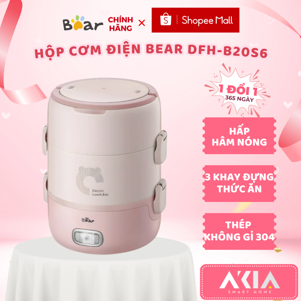 Hộp cơm điện văn phòng cầm tay Bear DFH-B20S6 - 3 khay đựng thức ăn, hấp/ đun sôi/ hâm nóng, BH 18 t