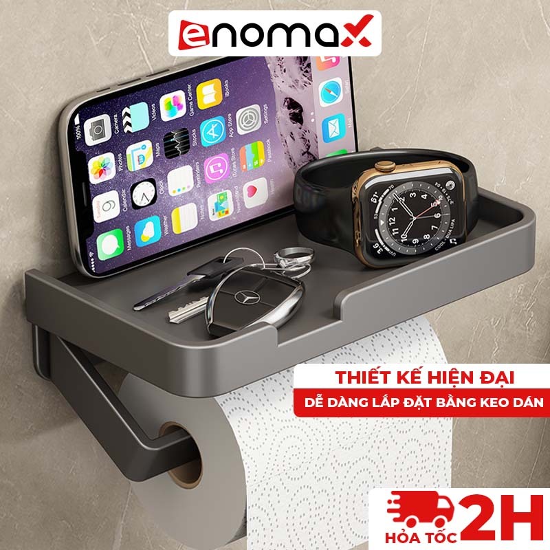 Giá treo cuộn giấy vệ sinh Enomax, có ngăn giữ đồ, dán tường, chất liệu nhôm hàng không (Eno-0169)