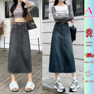  Chân váy jeans nữ dài retro Avocado cạp cao dáng chứ A xẻ tà phong cách Ulzzang 