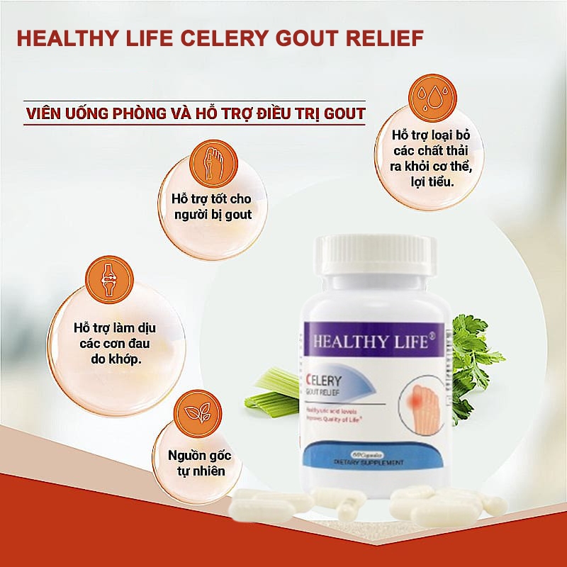 Viên uống gout CELERY [CHÍNH HÃNG MỸ] Trị gút, Làm giảm sưng, đau nhức khớp do gout. Lọ 60 viên