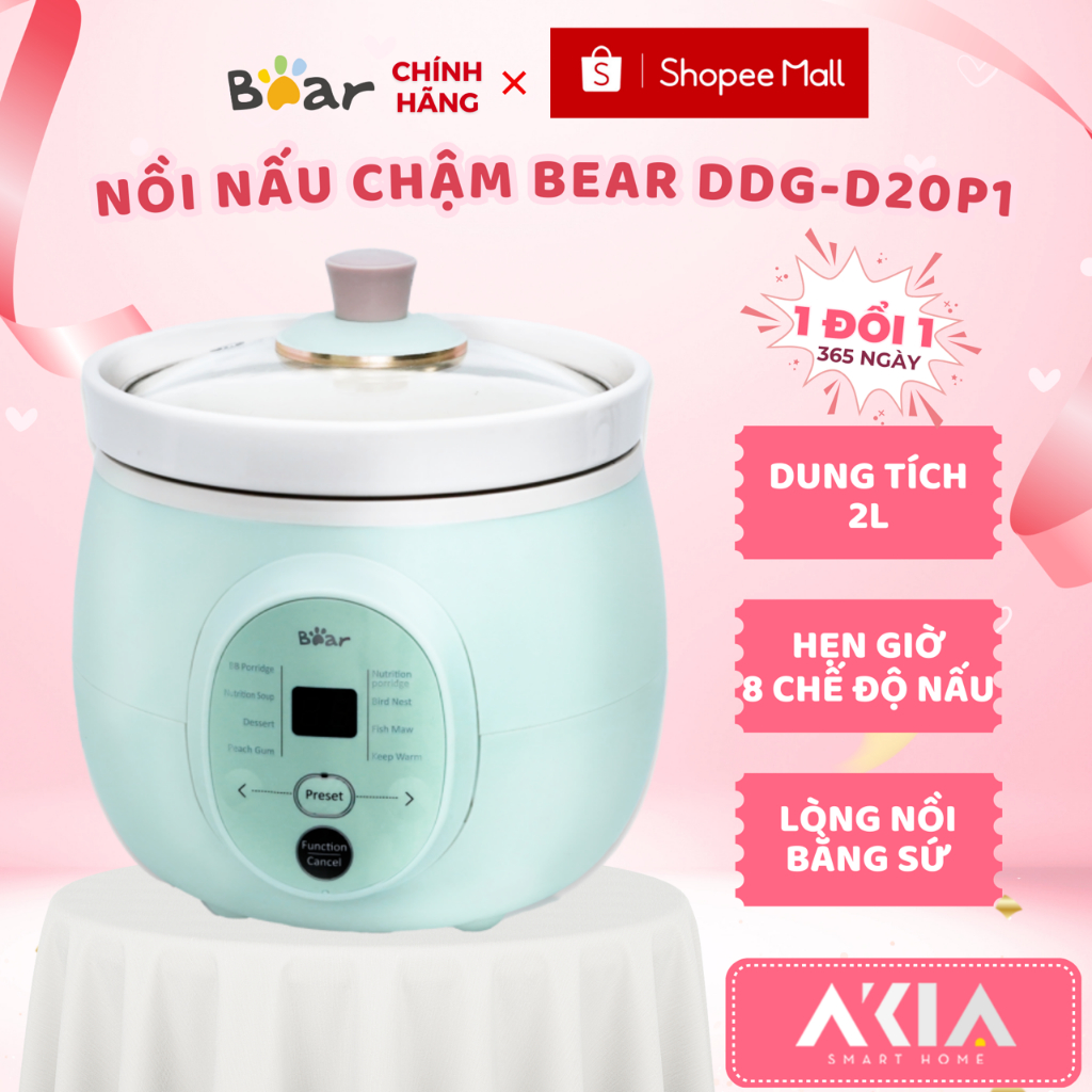 Nồi nấu chậm bear DDG-D20P1 - Dung tích 2L, 8 chế độ nấu ăn, hẹn giờ, điều chỉnh mức độ nóng