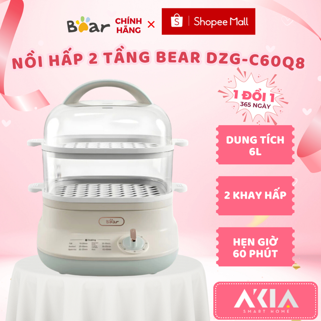 Nồi hấp thức ăn 2 tầng Bear DZG-C60Q8 - thiết kế trong suốt, 2 khay, dung tích 6L, hẹn giờ 60 phút