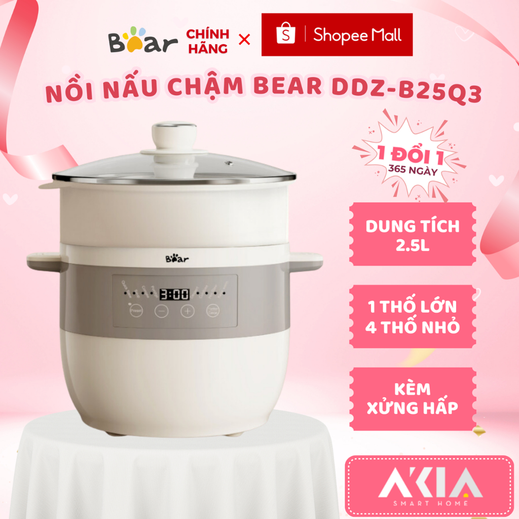 Nồi nấu chậm Bear DDZ-B25Q3 2.5L, kèm 1 thố sứ lớn, 4 nhỏ, khay hấp, 7 chế độ nấu, hẹn giờ, KÈM KHAY