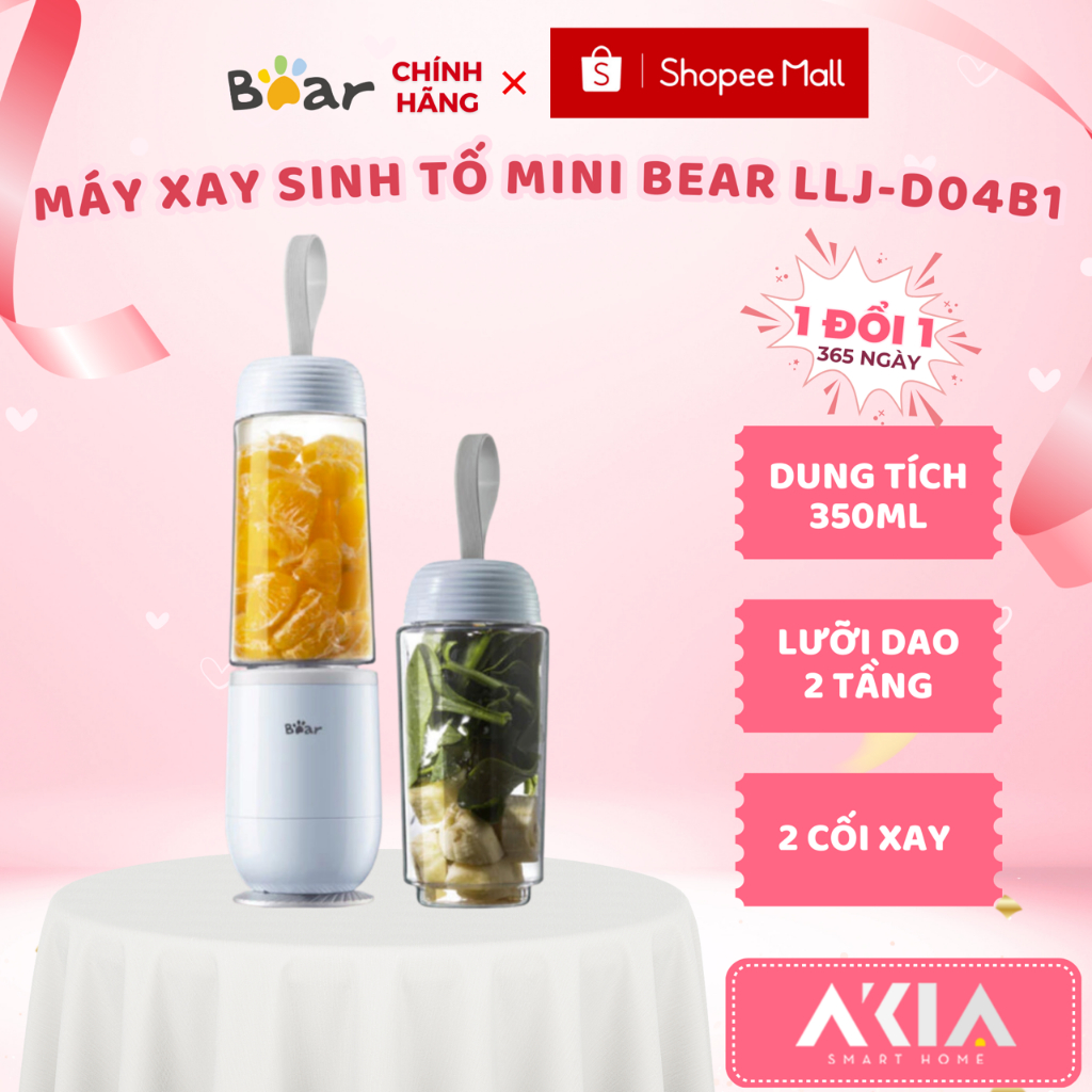 Máy xay sinh tố cầm tay Bear LLJ-D04B1, 2 cốc dung tích 350ml, lưỡi dao kép 2 tầng, xay đá