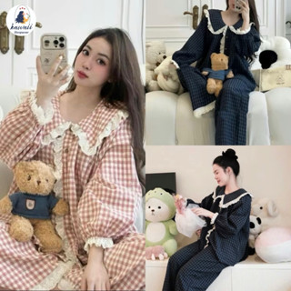 BỘ PIJAMA DÀI TAY CỔ BÈO REN SIZE 45-58KG, ĐỒ NGỦ DÀI PHỐI REN TIỂU THƯ, ĐỒ BỘ CARO DÀI XINH YÊU