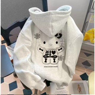 Áo hoodie form rộng unisex chất liệu nỉ bông in chữ Mèo Hello Kitty Áo Nữ Thu Đông 2025