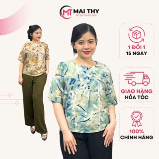 Áo Trung Niên MAI THY A338, Mẫu Sơ Mi Nữ Chất Lụa Xốp Cho Mẹ U50 Tay Ngắn Cổ Tròn Lịch Sự Trang Nhã