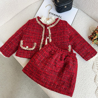 Set dạ tweed đỏ dày ấm cho bé gái hàng chuẩn Quảng Châu cao cấp