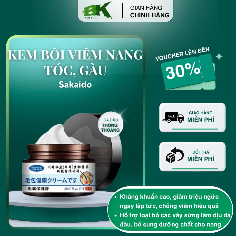 Kem Bôi Viêm Nang Tóc, Nang Lông Thảo Dược SAKAIDO Hỗ Trợ Giảm Các Ổ Viêm Nang, Sạch Gàu, Thông Thoáng Da Đầu | BK INNO