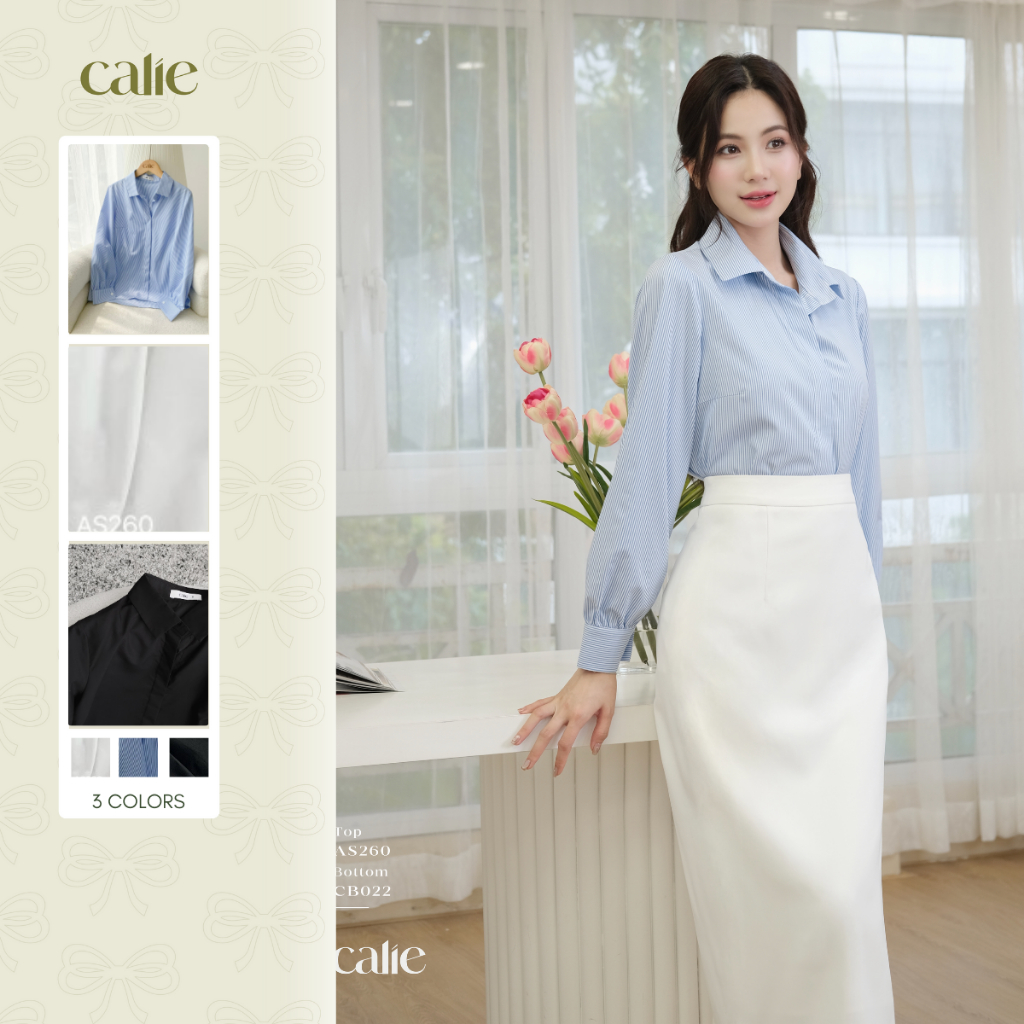 Áo sơ mi thô hàn nữ cổ đức dài tay dáng basic form rộng thanh lịch thời trang công sở Calie House AS