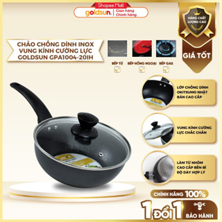 Chảo chống dính inox sâu lòng đáy từ 3 lớp đường kính 20cm có vung kính cường lực Goldsun GPA1004-20IH