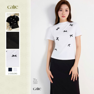 Áo dệt kim nữ ngắn tay đính nơ nữ tính CALIE AF138