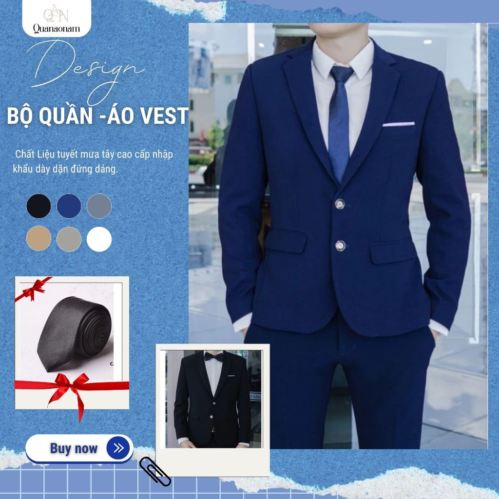 {BỘ 6 MÓN} Bộ quần+ áo vest mẫu 2 khuy( 2 cúc)  TẶNG kèm cavat,bông lúa và 2 quần sịp, bộ vest nam chất tuyết mưa tây