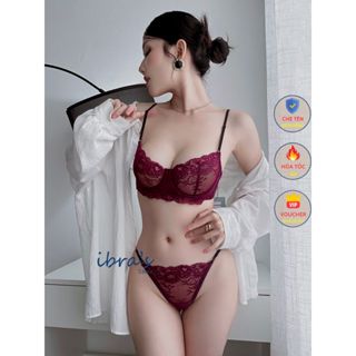 Bộ Đồ Lót Nữ Ren Mi Màu Tím Xuyên Thấu Sexy iBra's Store, Áo Có Gọng Không Mút, Quần Lọt Khe Dây Hông Gợi Cảm E85