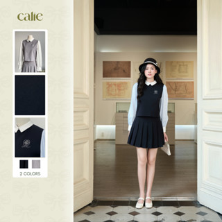  Áo dáng lửng phối cổ thêu hoa trà mix cùng chân váy xếp ly dáng ngắn Calie AC437_CX046 