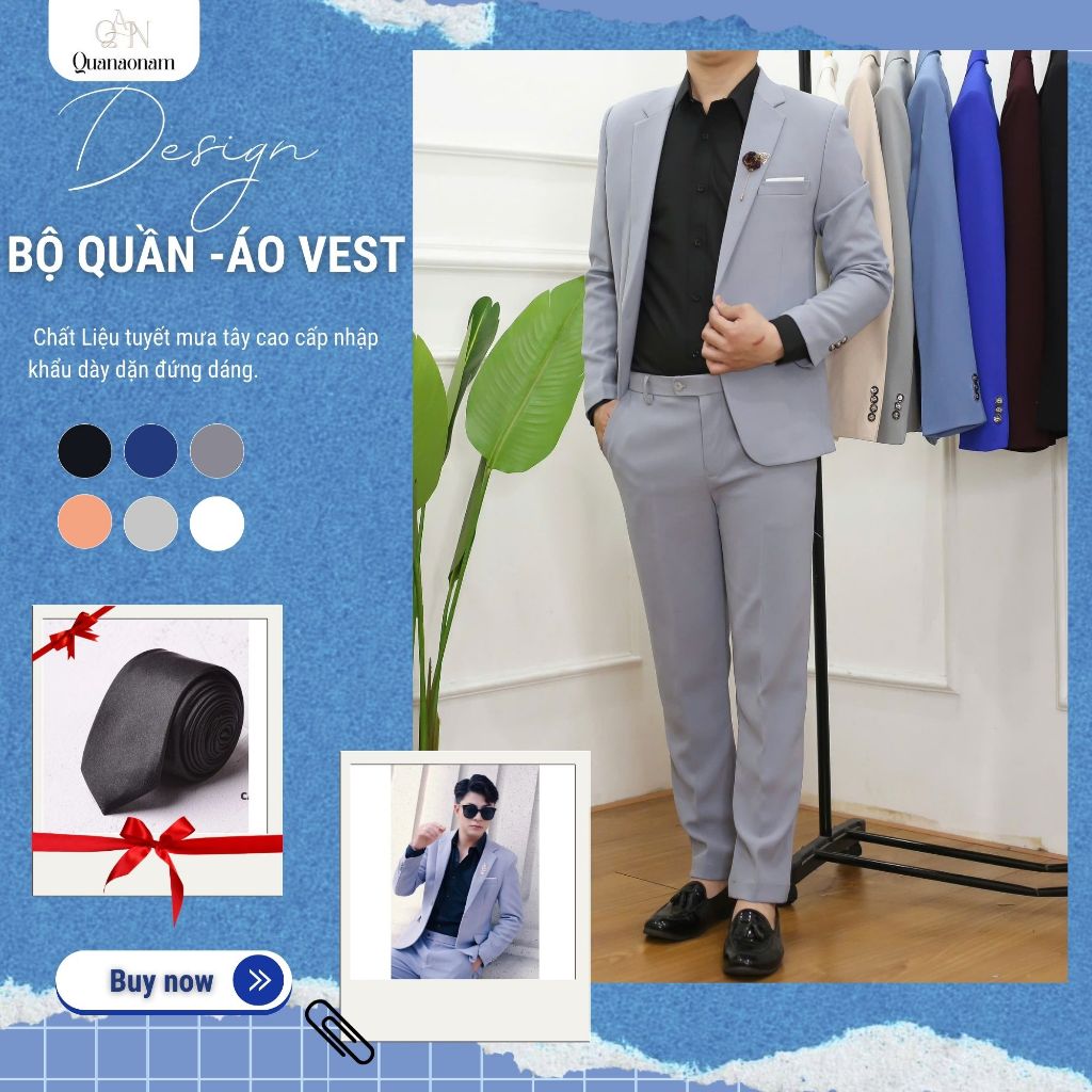 Bộ vest nam công sở,chú rể,áo veeêst cao cấp chất vải đẹp, không nhăn, không xù, (tặng kèm cavat và phụ kiện cài áo)