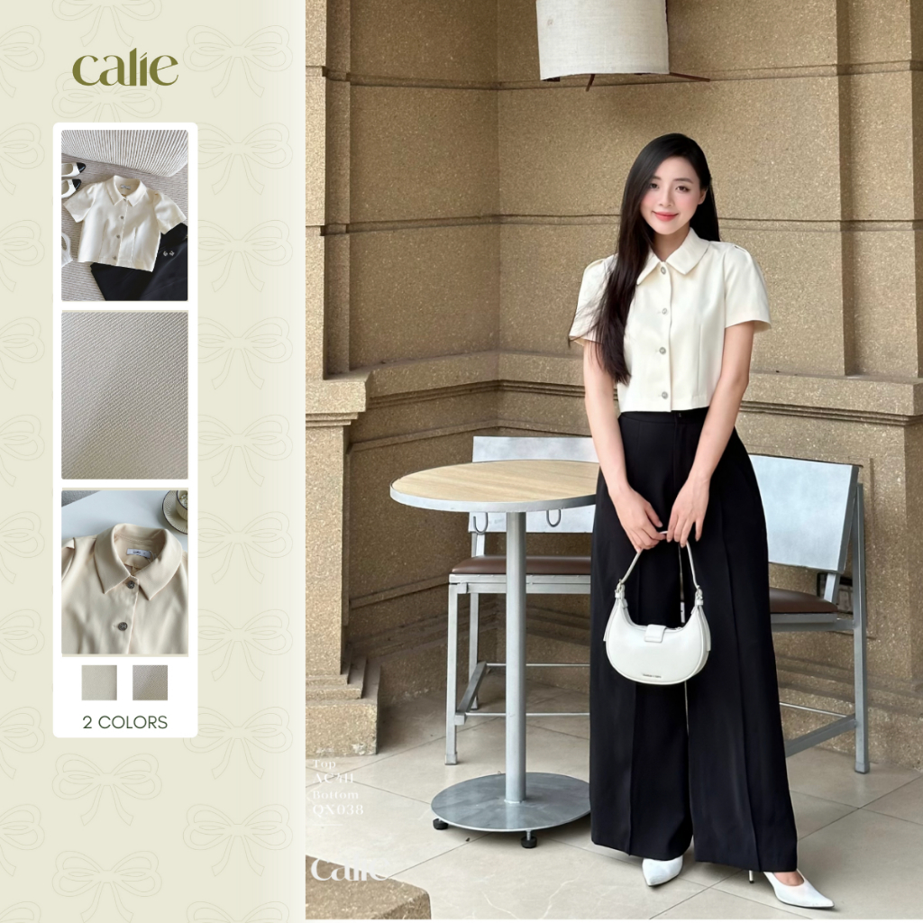 (Tách lẻ) Áo cách điệu cổ đức dáng chiết eo, Quần suông cạp cao mí ly thương hiệu Calie house AC411 