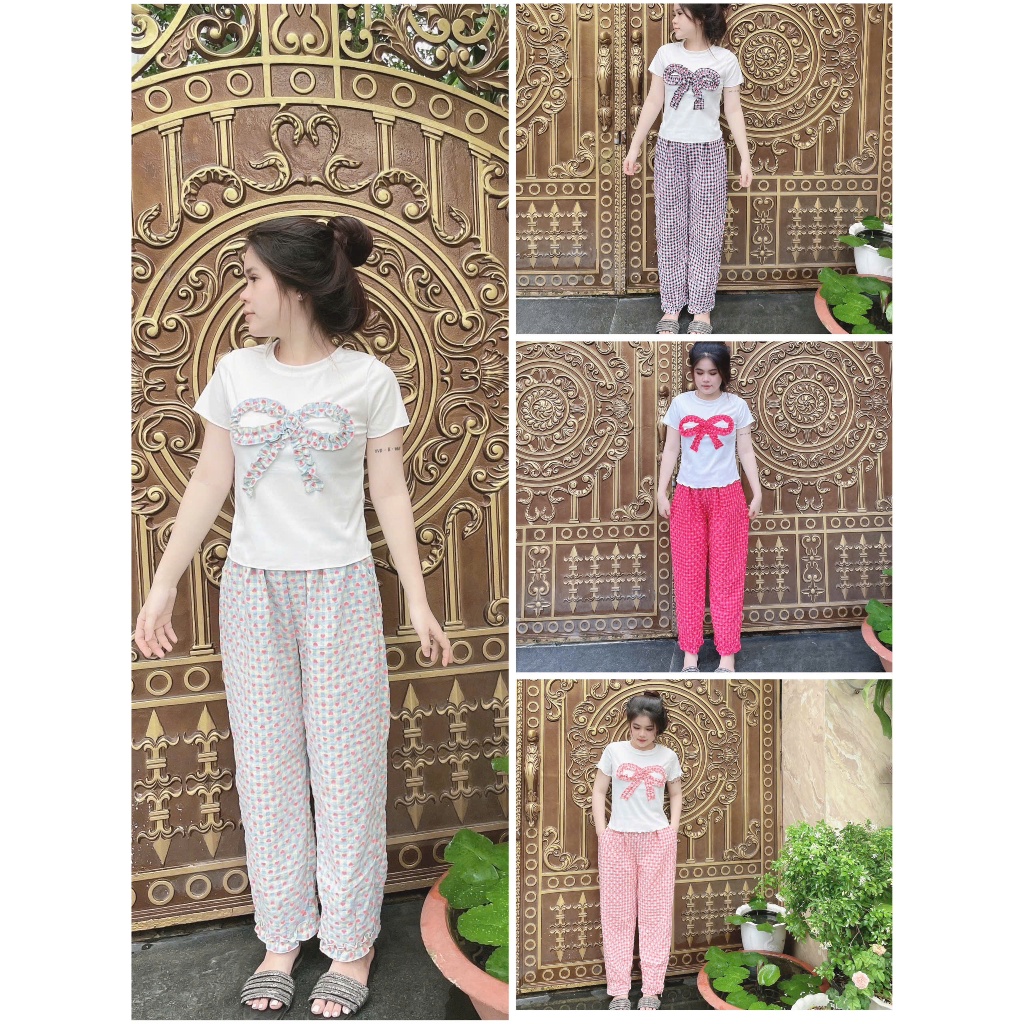 Sét bộ quần baggy đũi caro tim bèo lai phối áo baby tee nơ trẻ trung thời trang SBNT_6627