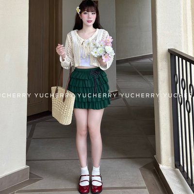 YUCHERRY | Chân váy xòe nhún bèo nhiều tầng có đính nơ tôn dáng CINQUE FIOCCO SKIRT YV045